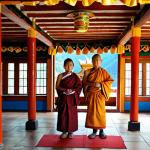 **Respectful Attire at a Buddhist Temple**: An image depicting a serene scene inside a Buddhist temple in Bhutan, showcasing visitors dressed respectfully in traditional Bhutanese clothing (gho for men and kira for women) while observing the temple's interior. The atmosphere should feel calm and respectful, with soft lighting illuminating the intricate temple decorations.
