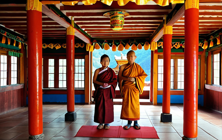 **Respectful Attire at a Buddhist Temple**: An image depicting a serene scene inside a Buddhist temple in Bhutan, showcasing visitors dressed respectfully in traditional Bhutanese clothing (gho for men and kira for women) while observing the temple's interior. The atmosphere should feel calm and respectful, with soft lighting illuminating the intricate temple decorations.